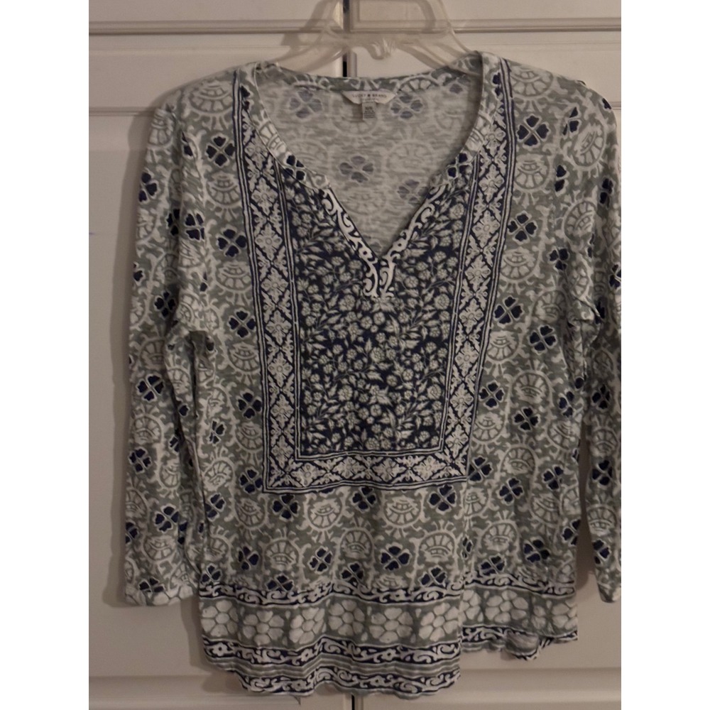 Lucky Brand Womens Navy Grey Floral Block Print V-Neck Slub Knit Top Medium
